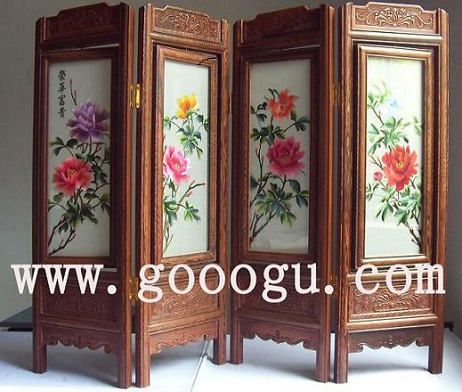 牡丹折疊刺繡屏風，四扇刺繡小屏風，蘇繡屏風